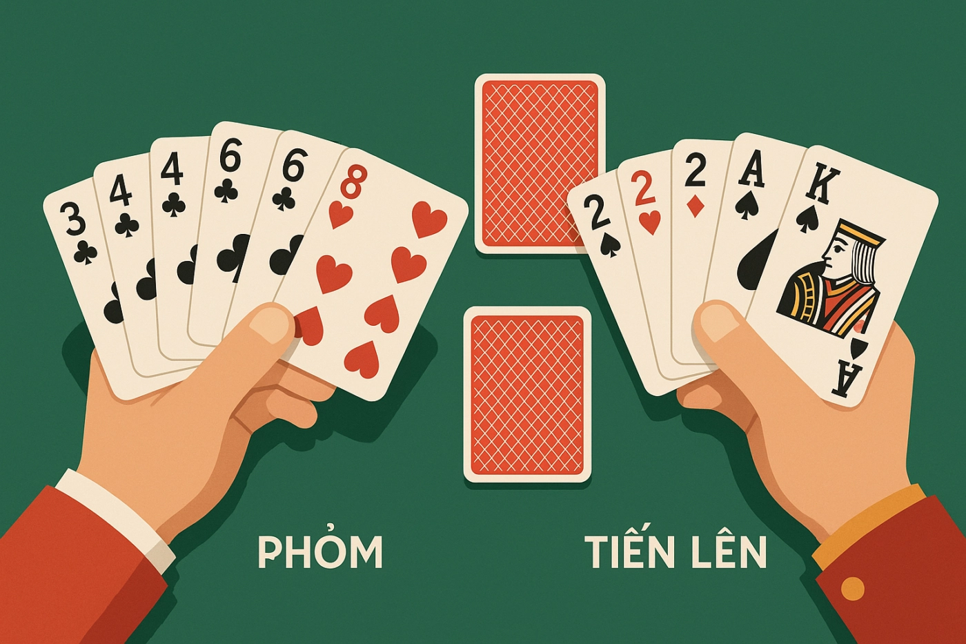So sánh game bài Phỏm và Tiến Lên trên bàn nỉ xanh